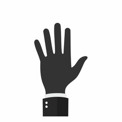 Obraz premium A black hand with fingers spread wide is raised, wearing a suit cuff, symbolizing a gesture of greeting, stopping, or counting