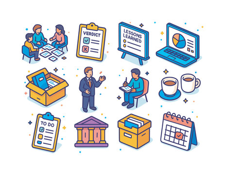 Post-Trial Icon Set. Post trial debrief. Colorful isometric vector icons set of Post trial debrief: team seated around scattered papers, verdict form on table,