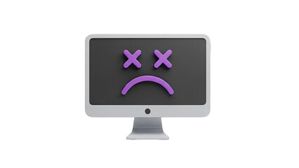 Computer monitor with sad, dead face symbol on transparent background
