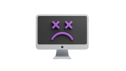 Computer monitor with sad, dead face symbol on transparent background