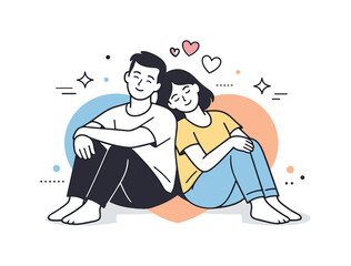 Obraz premium Peaceful Couple Harmony. Healthy relationship. Couple sitting side by side with overlapping shapes and shared space, symbolizing trust and balance. Peaceful