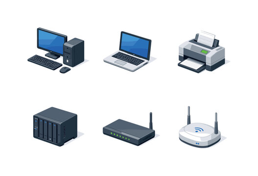 Isometric Network Icons. Computer Network. Isometric flat vector icons set of Computer Network: desktop computer, laptop, network printer, NAS storage, modem