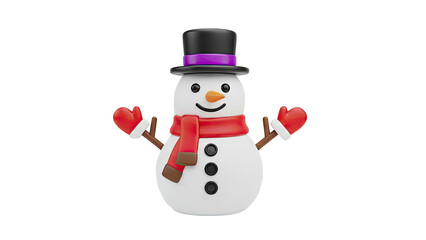 Cute 3D Snowman with Hat Scarf and Mittens on transparent background