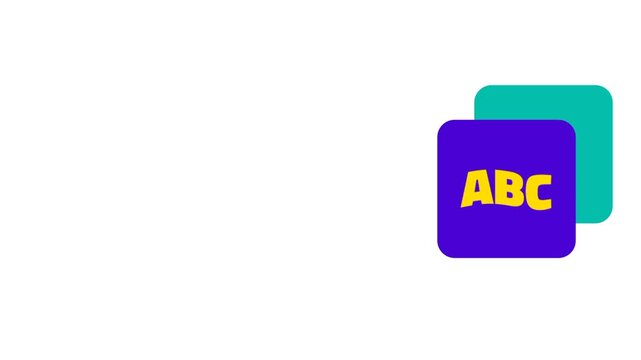 A dark blue icon containing the letters ABC in yellow is placed on a white background to represent early literacy and basic language education