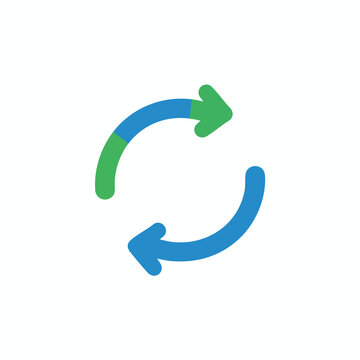 Two curved arrows in contrasting colors, green and blue, arranged in a circle