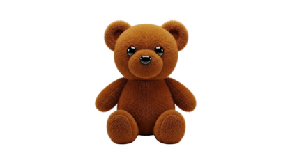 Cute brown teddy bear with fluffy fur and shiny eyes on transparent background