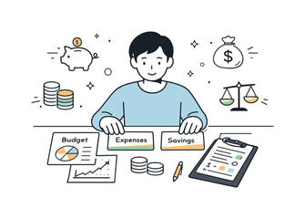 Organized Financial Planning. Financial planning overview. A person organizing budget cards and charts on a desk. Calm control and clarity, simple icons of