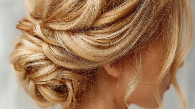Close-up of intricately styled, light blonde hair. Braids and twists form a sophisticated updo on a woman, likely a bride
