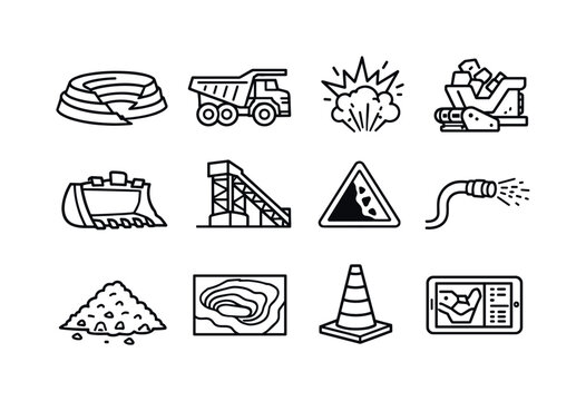Open-Pit Mining Icons. Open-pit mining. Line icon set of Open-pit mining: terraced pit, haul truck, blasting icon, rock crusher, loader bucket, conveyor tower,