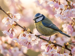Obraz premium Eurasian blue tit perched on blooming cherry blossom branch