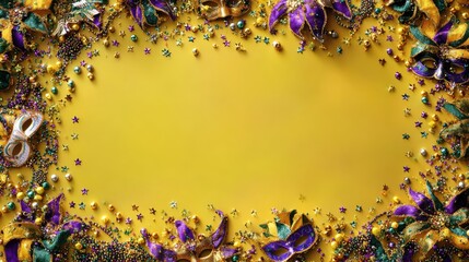 Vibrant Mardi Gras festive border with colorful masks and sparkling beads on yellow background, celebration poster concept