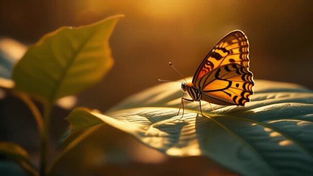 a butterfly on a green leaf footage