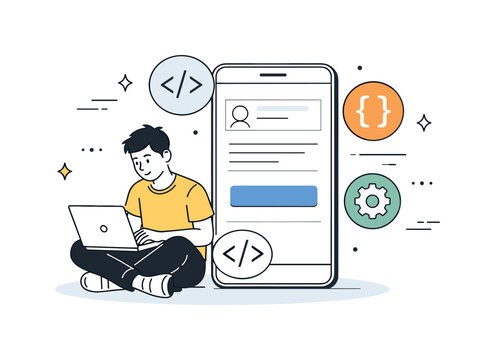 Mobile App Development. Coding a mobile app. Developer sitting with a laptop while code symbols and brackets appear next to a phone screen. Quiet focused work