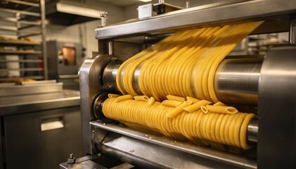 Medium shot of a rotating extruder shaping smooth penne pasta golden dough strands flowing as precise blades cut uniform pieces in an industrial kitchen environment.