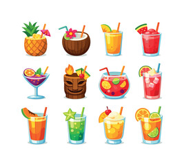Tropical Drink Icons. Tropical Drinks. Colorful flat vector icons set of Tropical Drinks: pineapple cooler, coconut drink, mango smoothie, watermelon slush,