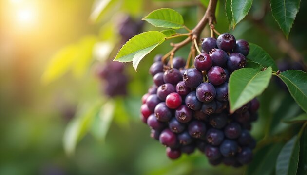 Fresh acai berries cluster on tree branch. Purple fruit bunch grows in natural rich green foliage. Sunlight brightens harvest ready for healthy diet.