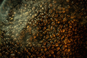 Roasted Coffee Beans with Steam and Haze Background