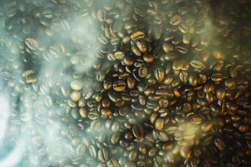 Close-up of roasted coffee beans with soft steam and haze, dramatic warm lighting, rich texture background for caf&eacute; and gourmet themes