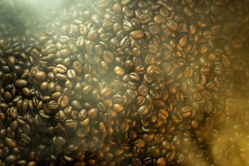 Roasted Coffee Beans with Steam and Haze Background