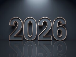 Shiny 3d metallic numbers twenty twenty six on reflective surface