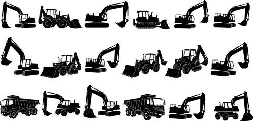 Collection of Construction Heavy Machinery Silhouettes Including Excavators Bulldozers Backhoes and Dump Trucks for Industrial Design Earthmoving Engineering and Building Projects © MD Anas