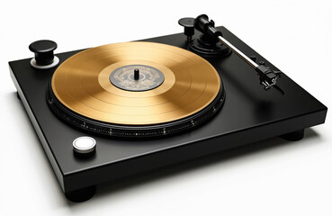 Black turntable plays golden vinyl record. Modern audio device for listening music. Analog sound player with needle on disc. Enjoy classic retro sound.