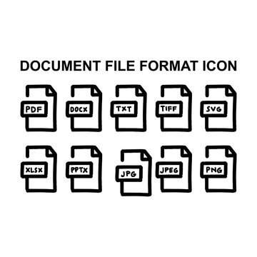 Hand-drawn document format icon set featuring pdf, docx, txt, tiff, svg, xlsx, pptx, jpg, jpeg, png. Editable stroke flat vector icons, ideal for professional business designs.