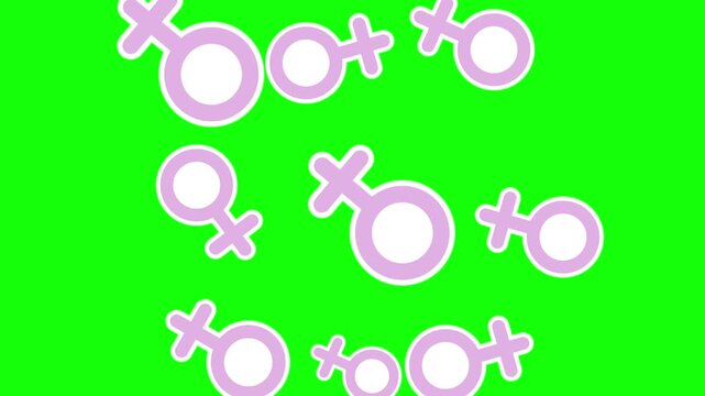 Looped animation with feminine symbols flying right to left and back on green chroma key background. Clean transition overlay for videos, intros, social media edits, and motion design.