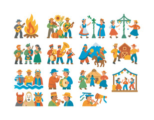 Folk Festival Icons. Folk festivals. Colorful flat vector icons set of folk festivals: bonfire night musicians, harvest festival band, midsummer folk dancers,