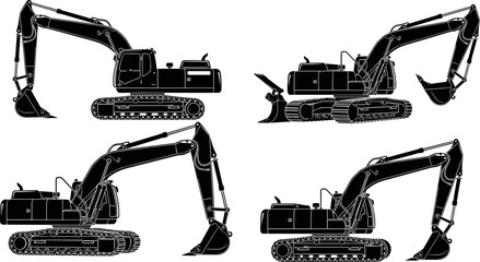 Set of four black silhouettes of hydraulic crawler excavators isolated on white background for construction industry heavy equipment graphic design © MD Anas