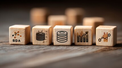 Close-up view showing wooden blocks with data-related symbols and "SDA" on the first block, arranged on a weathered wood surface