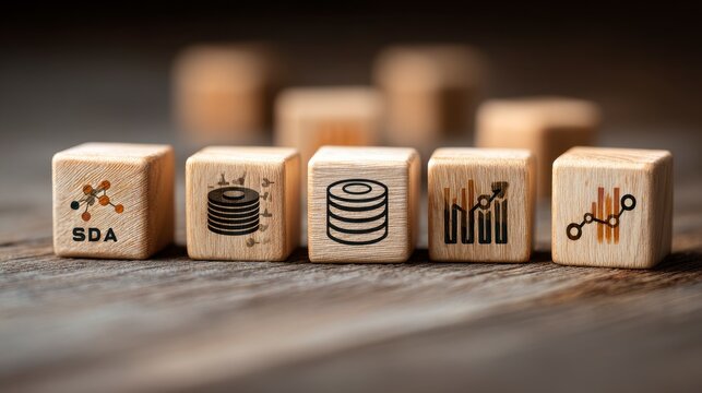 Close-up view showing wooden blocks with data-related symbols and "SDA" on the first block, arranged on a weathered wood surface