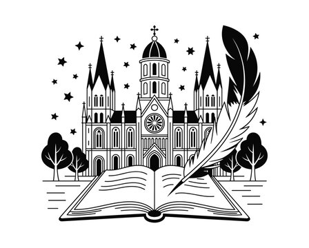 Open book with quill pen in front of gothic cathedral and stars writing.