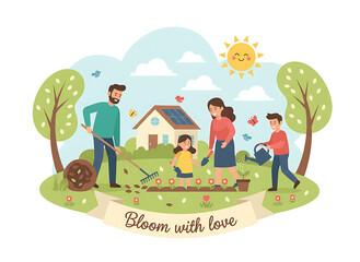 Fototapeta premium Family enjoying spring gardening in their backyard together