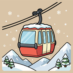 Red cable car gondola traveling over snowy mountains. Charming winter travel illustration, great for ski resort promotions, holiday cards, adventure branding, and mountain tourism graphics. © Delikanli