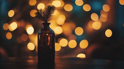 Dark glass bottle holding a small pine tree branch silhouetted against a background of warm golden bokeh light circles in a cozy interior.