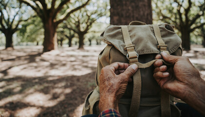 Mans Hands Adjusting Backpack Straps Outdoors.