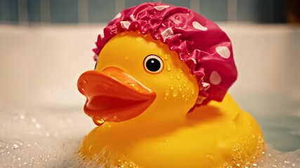 A yellow rubber duck wearing a red polka dot shower cap is taking a bubbly bath.