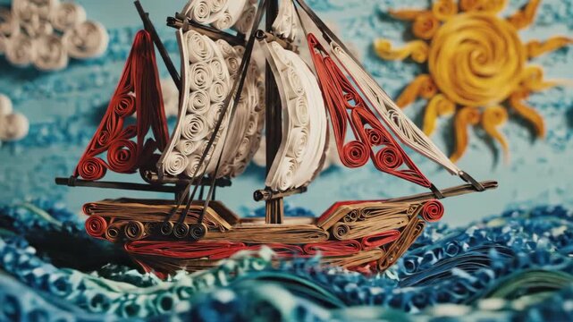 A quilling paper art of sailboat with red and white sails navigating blue ocean waves under a bright sun.