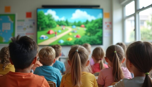 Children sit in a bright classroom watching an animated nature scene on a large screen. Young pupils learn together indoors, engaged by the visual lesson. Future education and fun combined.