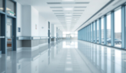 Fototapeta premium Abstract Blurred Defocused Modern White Hospital Corridor or Office Hallway Background with Bright Windows