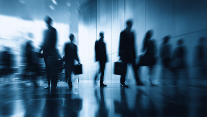 blurred background of business people walking in the lobby, office building interior with white walls and glass windows
