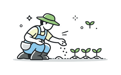 Seed Planting Icon. Seed planting farmer icon. Minimal character planting seeds in a neat row, conveying growth, care, and sustainability. Clean icon-style
