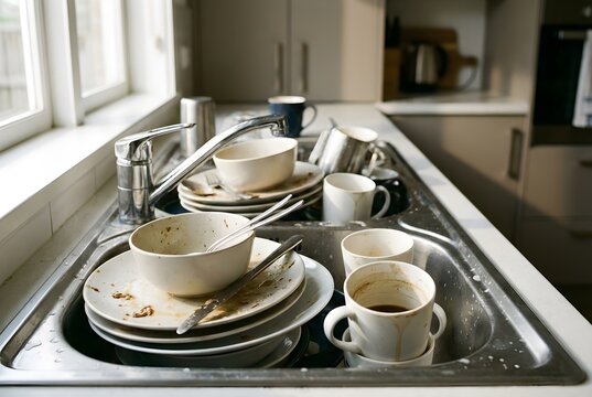 ​Pile of dirty dishes and messy plates in a kitchen sink after a meal