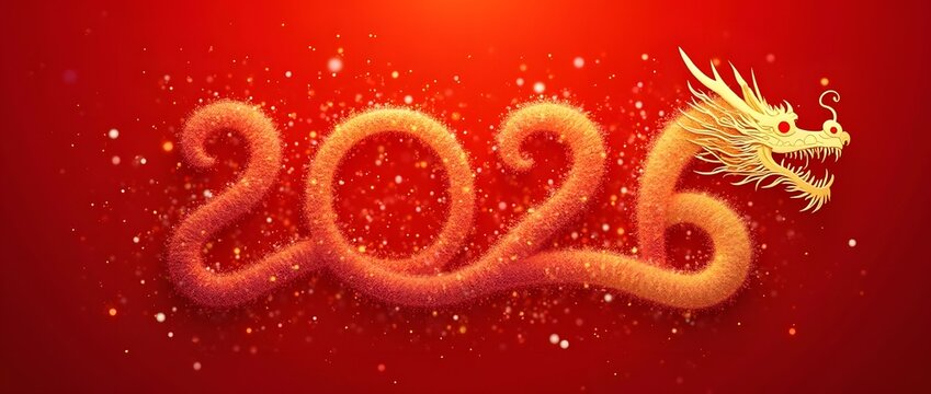 Vibrant 3D artistic rendering of the 2026 Chinese Year of the Dragon on a rich red background. - Powered by Adobe