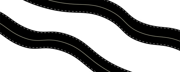 Obraz premium Winding road top view, curved highway path with lane markings, long trip route map, wavy street track design. Flat vector illustration isolated on white background.