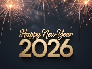 Happy new year 2026 celebration with fireworks and gold text on dark background
