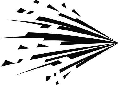 Black abstract geometric shapes exploding outward from a central point