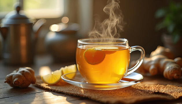 Warm ginger tea steams in a glass cup with lemon and honey on a wooden table. Healthy natural beverage for relaxation and wellness with fresh ginger root ingredients.