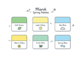 Obraz premium March Spring Palette. March spring palette. A set of pastel greens, soft yellows, and light blues presented as tidy color cards. Early spring freshness, gentle